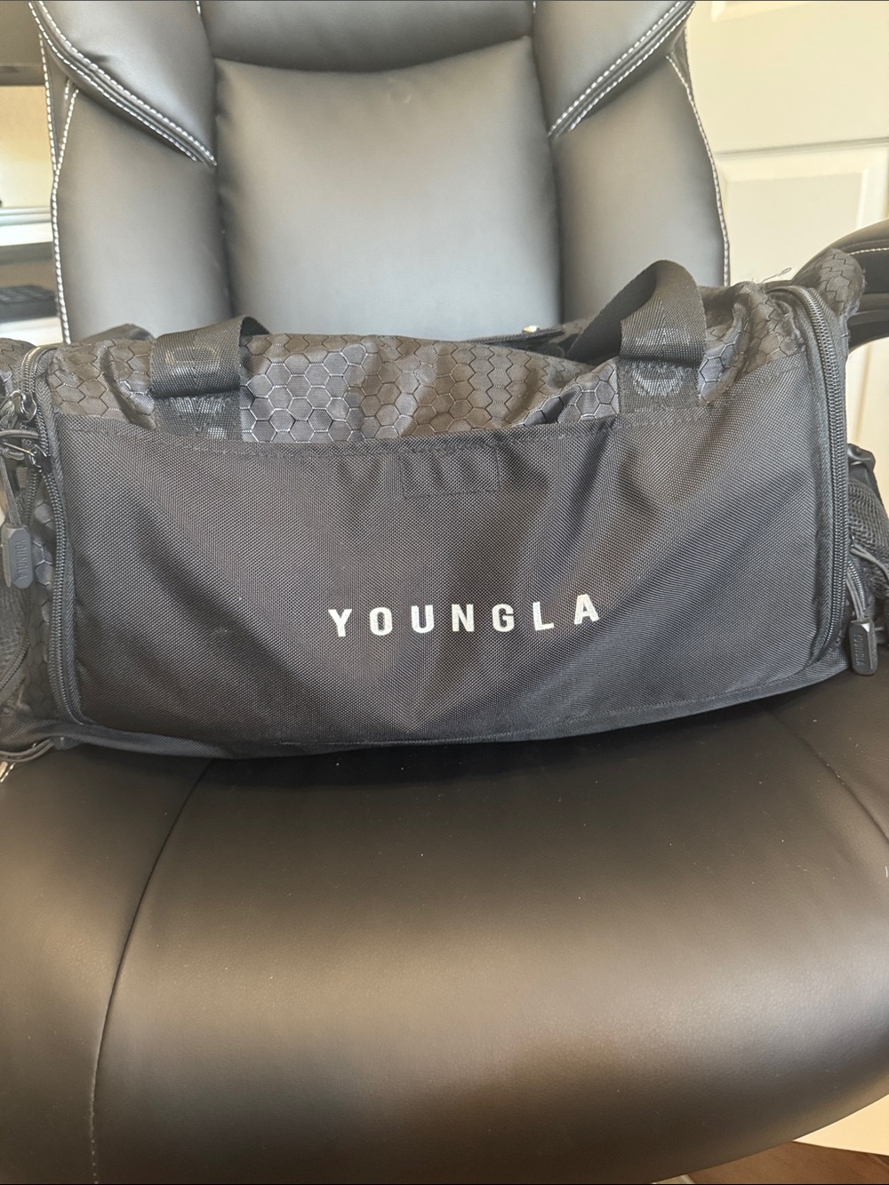 YoungLA Black Hex-Pattern Duffel Bag